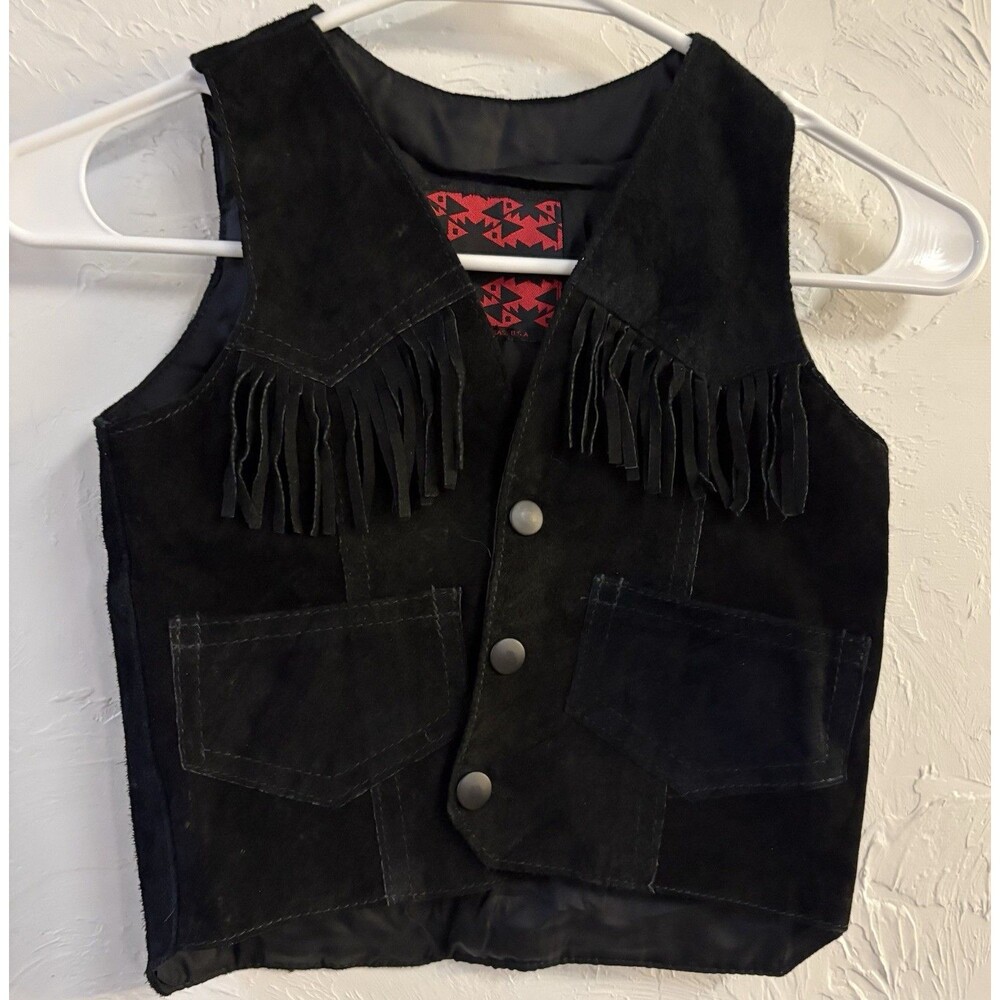 Handmade Vintage Taos By David Jacob Kids Black Leather Fringe Western Vest